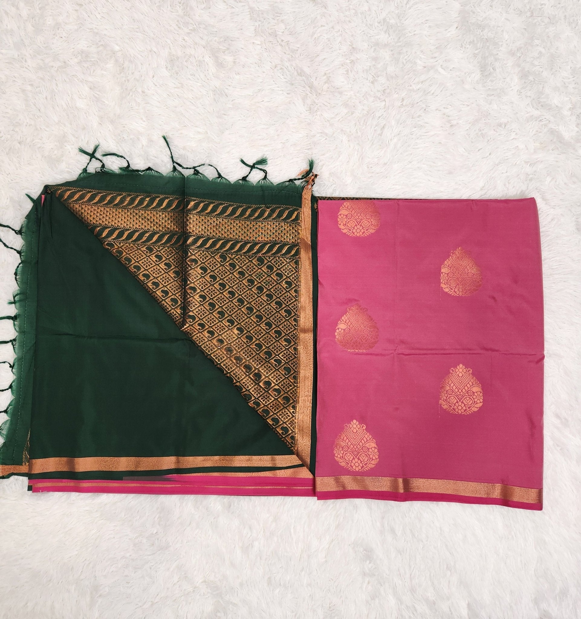 Oinon Red Soft Silk Saree with Copper Zari & Green Pallu Design - Urban Weave Sarees