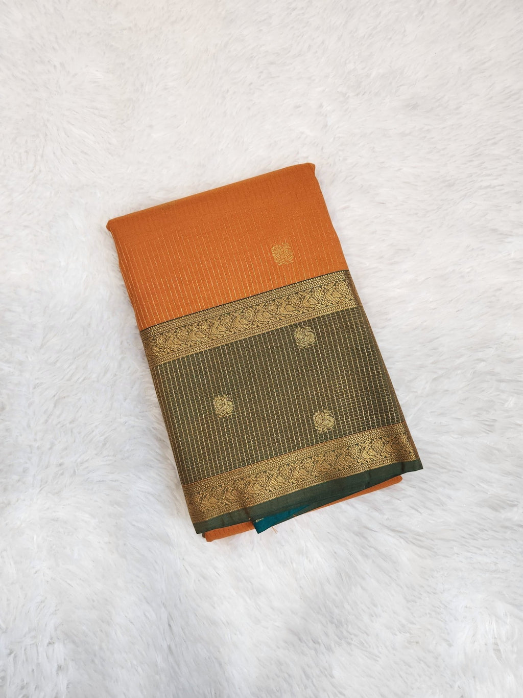 Orange Semi Kanchi Saree with Gold Zari & Green Pallu - Urban Weave Sarees