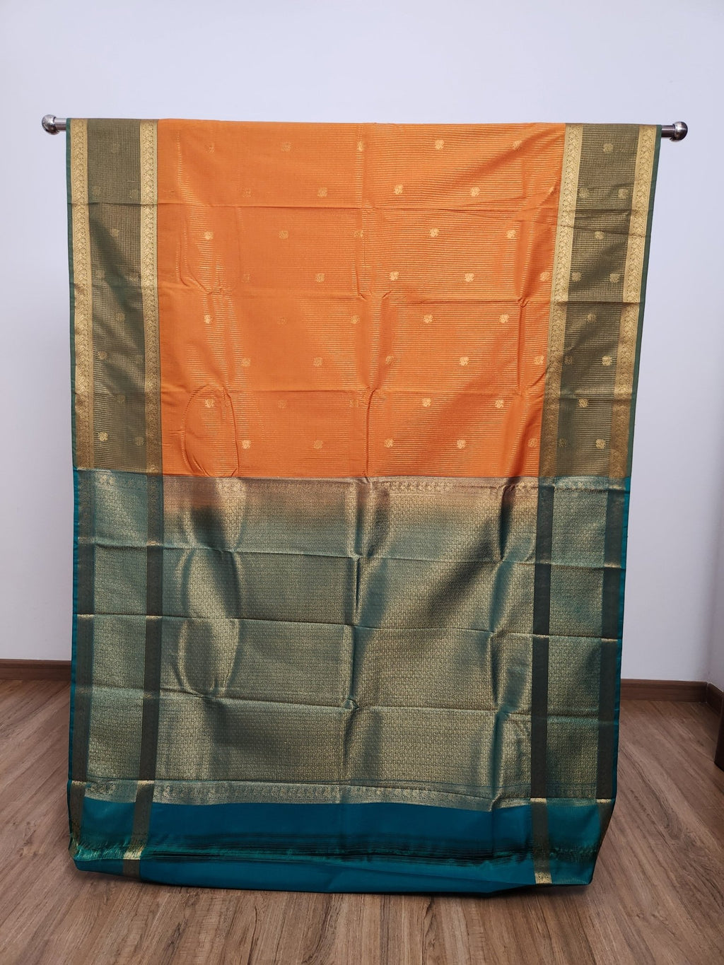 Orange Semi Kanchi Saree with Gold Zari & Green Pallu - Urban Weave Sarees