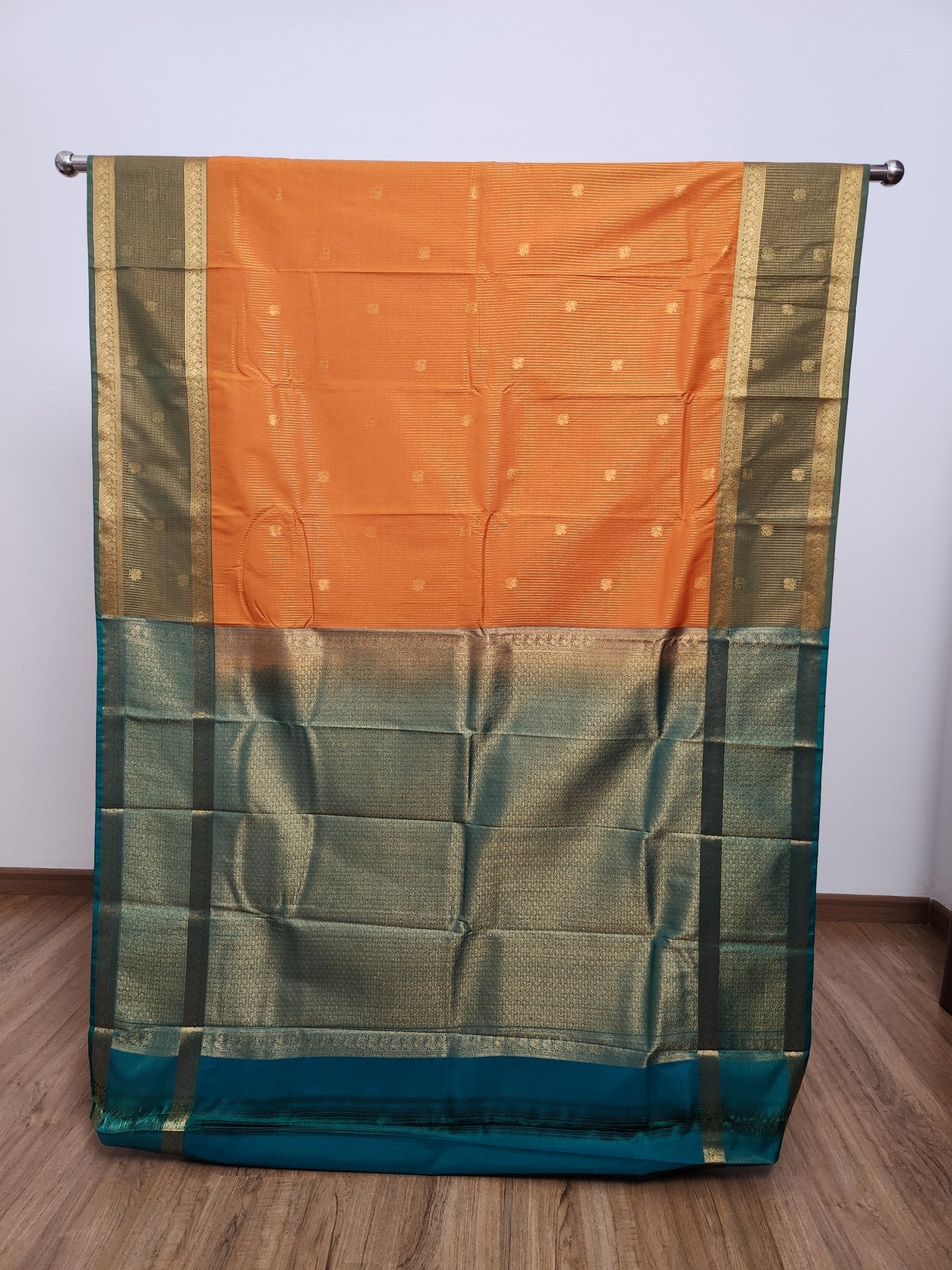 Orange Semi Kanchi Saree with Gold Zari & Green Pallu - Urban Weave Sarees