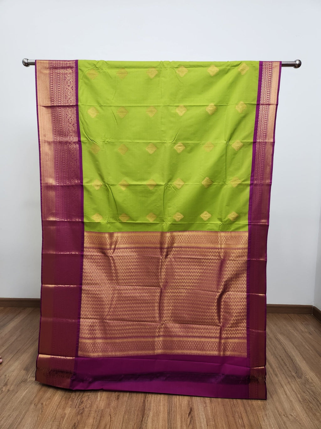 Parrot Green Semi Kanchi Saree with Gold Zari & Magenta Pallu - Urban Weave Sarees