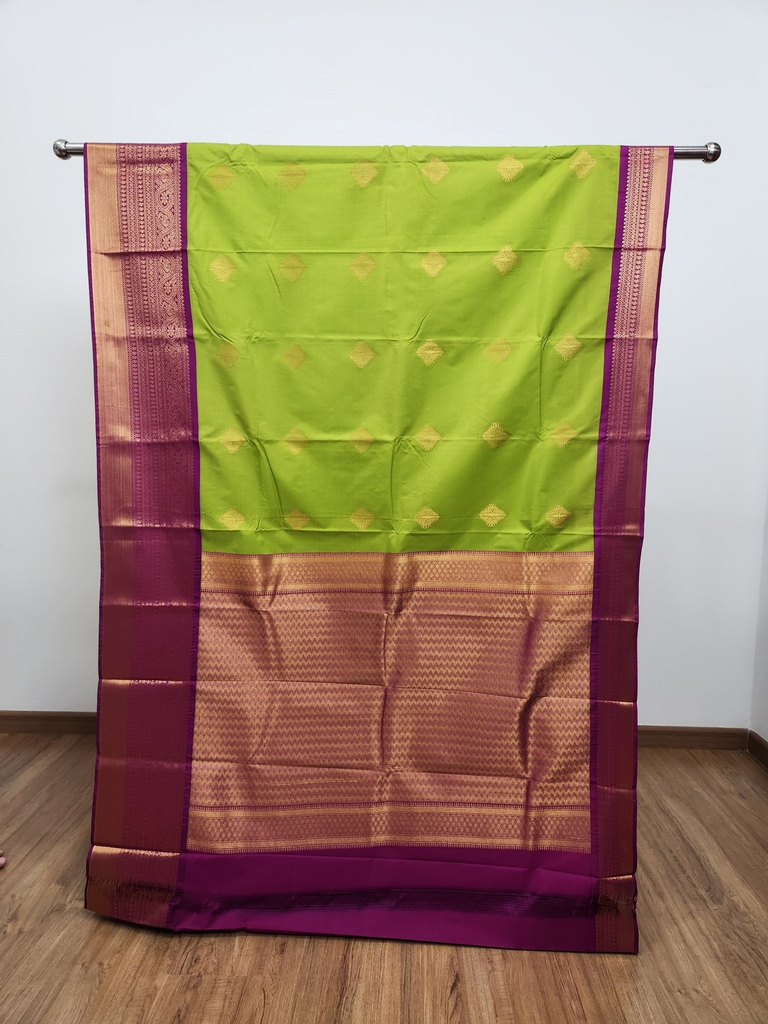 Parrot Green Semi Kanchi Saree with Gold Zari & Magenta Pallu - Urban Weave Sarees