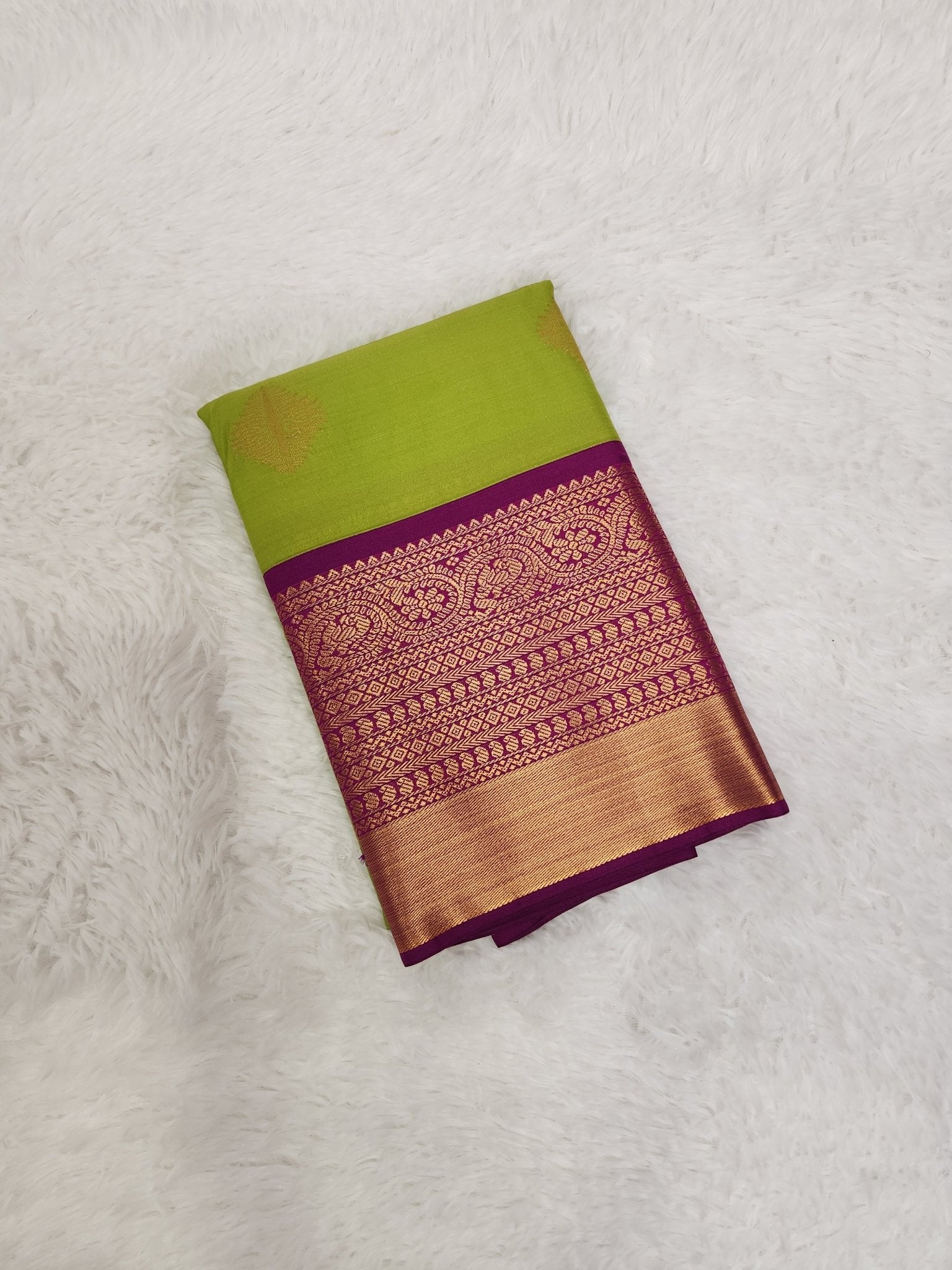 Parrot Green Semi Kanchi Saree with Gold Zari & Magenta Pallu - Urban Weave Sarees