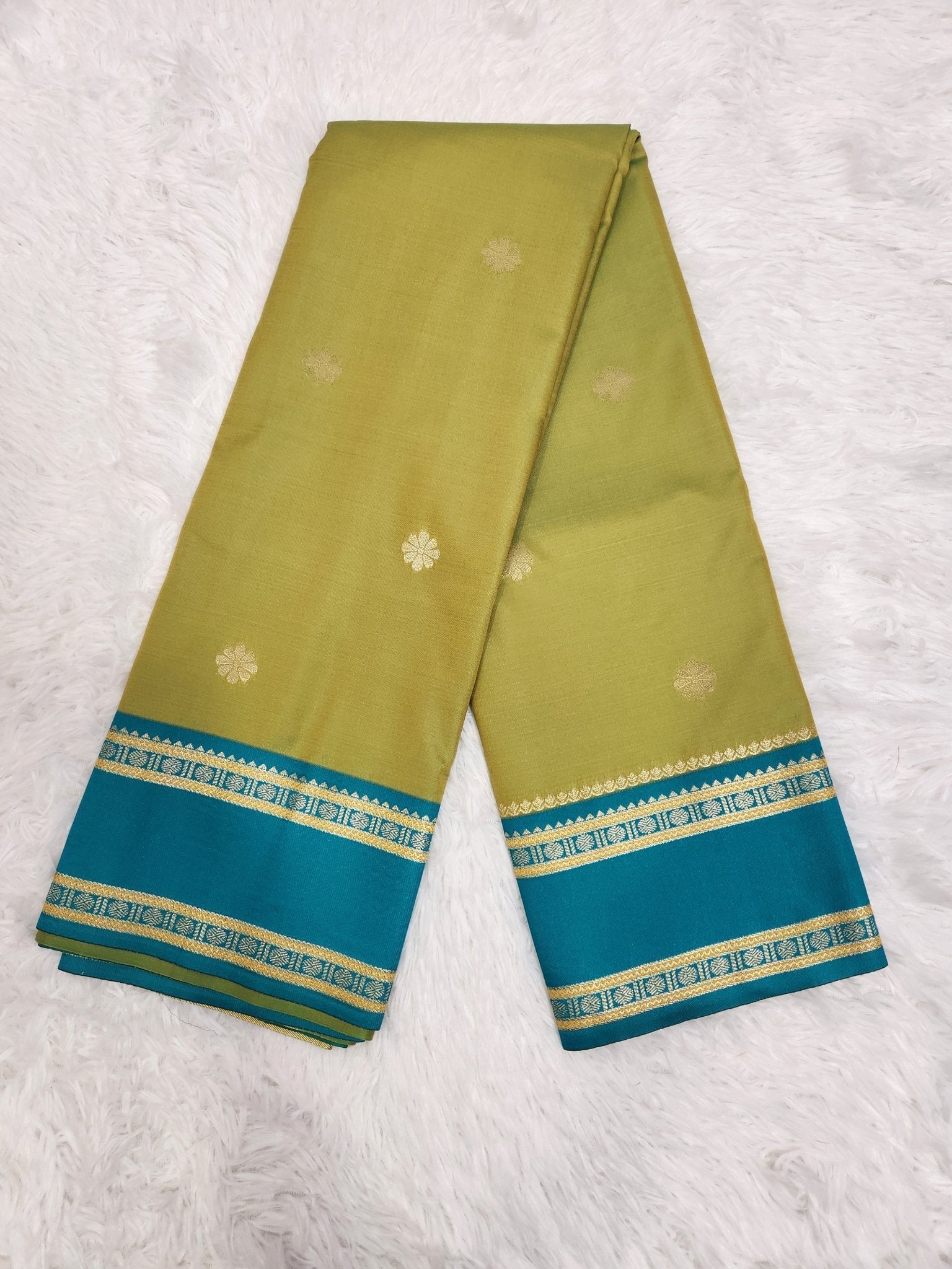 Parrot Green Soft Silk Saree with Copper Zari & Green Pallu Design - Urban Weave Sarees