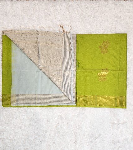 Parrot Green Soft Silk Saree with Copper Zari & Light Blue Pallu Design - Urban Weave Sarees