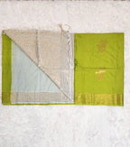 Parrot Green Soft Silk Saree with Copper Zari & Light Blue Pallu Design - Urban Weave Sarees