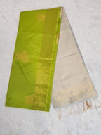 Parrot Green Soft Silk Saree with Copper Zari & Light Blue Pallu Design - Urban Weave Sarees