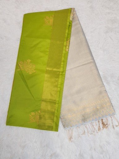 Parrot Green Soft Silk Saree with Copper Zari & Light Blue Pallu Design - Urban Weave Sarees