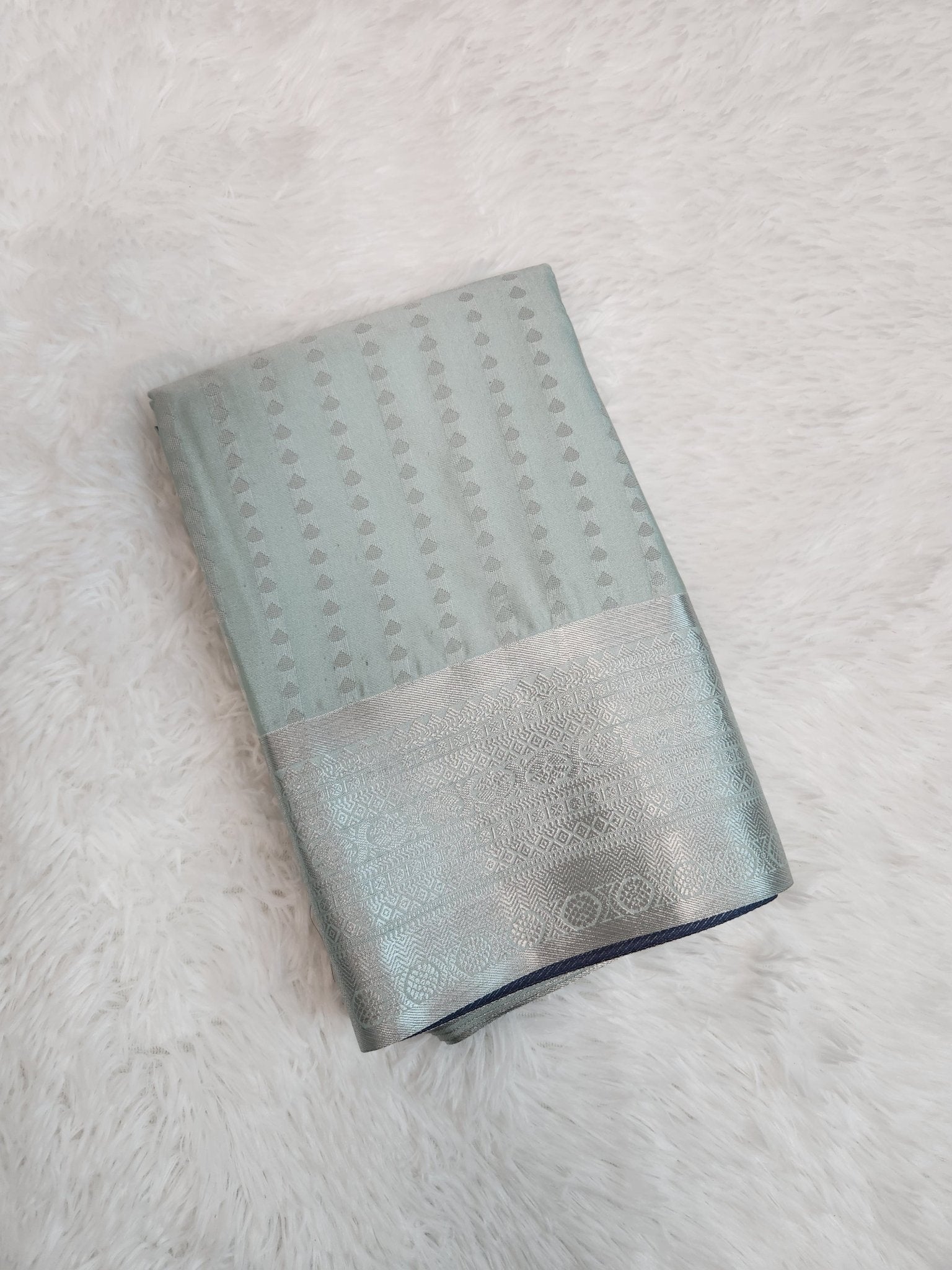 Pastel Blue Semi Kanchi Saree with Silver Zari & Dark Grey Pallu - Urban Weave Sarees