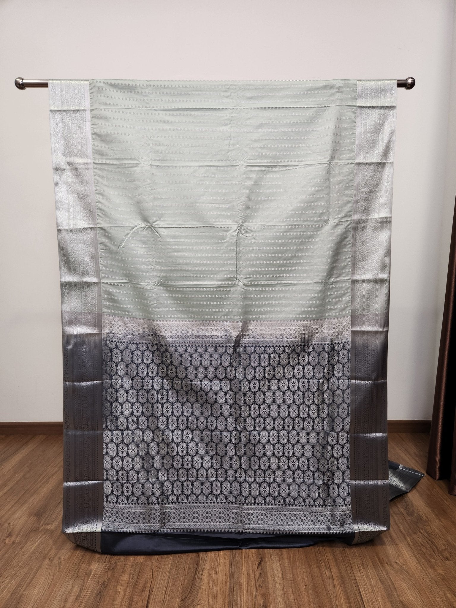 Pastel Blue Semi Kanchi Saree with Silver Zari & Dark Grey Pallu - Urban Weave Sarees