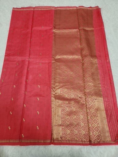 Peach Soft Silk Saree with Copper Zari & Small Vel Butta Design - Urban Weave Sarees