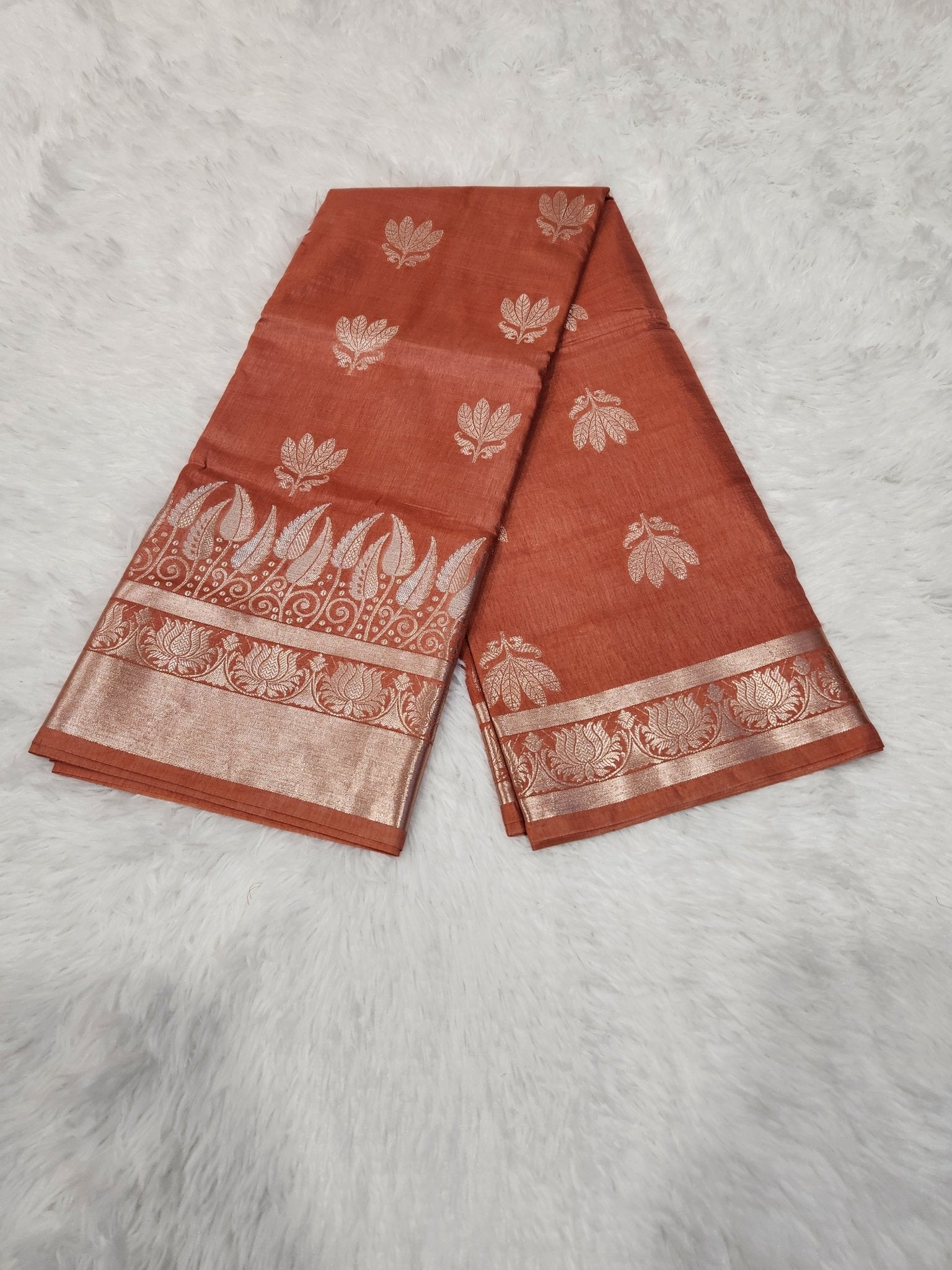 Peach Soft Silk Saree with Silver Zari & Lotus Flower Design - Urban Weave Sarees