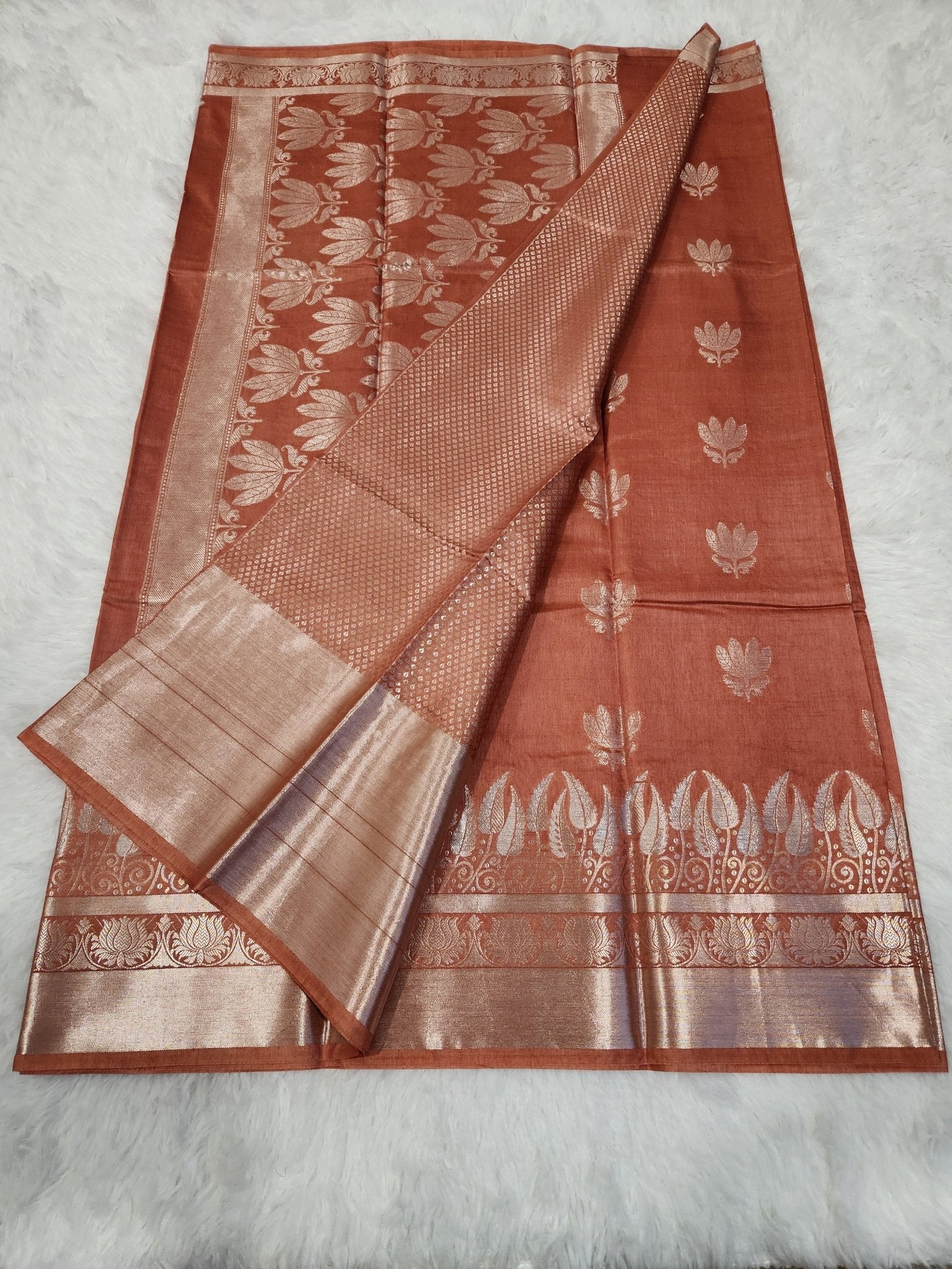 Peach Soft Silk Saree with Silver Zari & Lotus Flower Design - Urban Weave Sarees