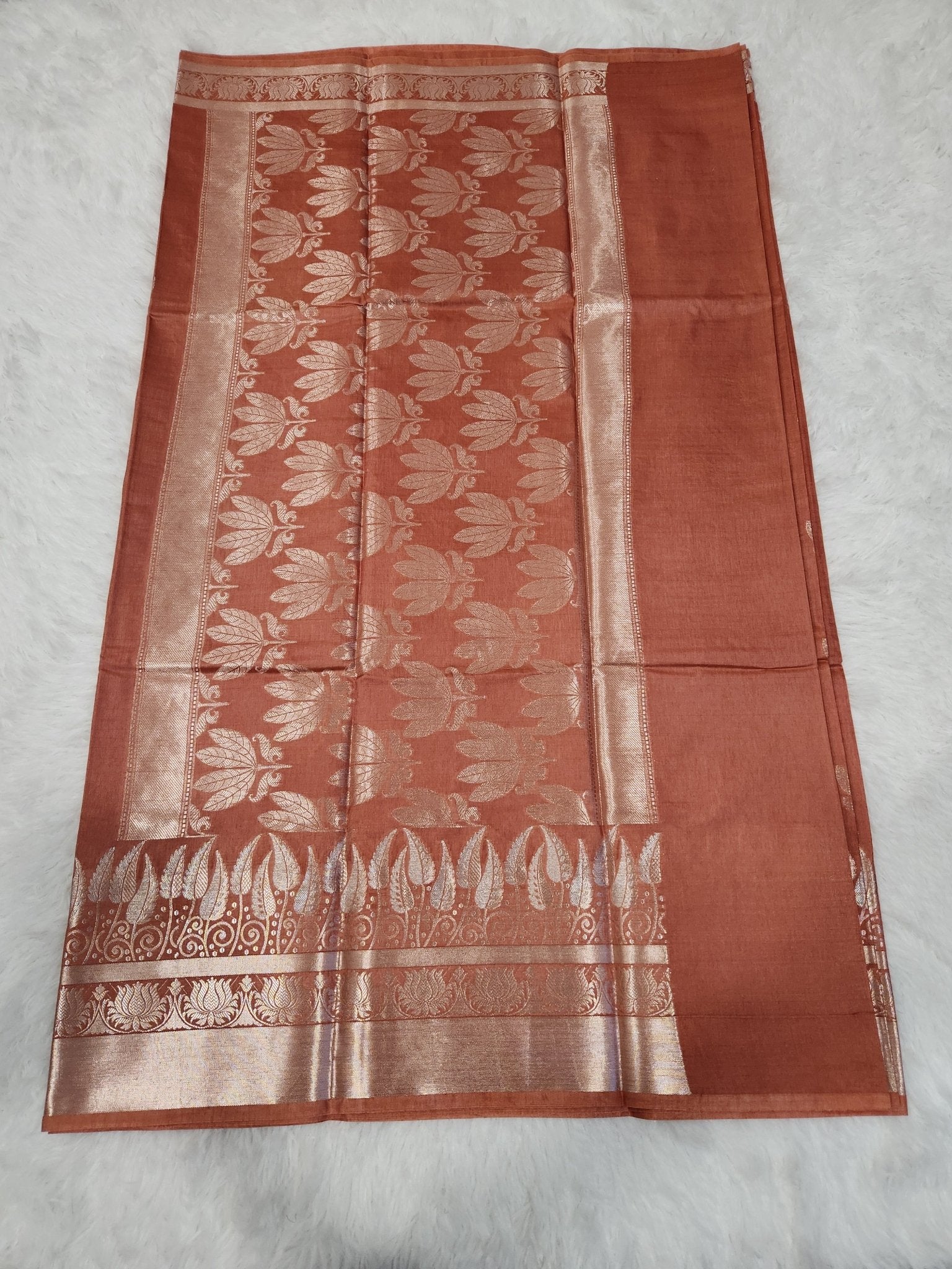 Peach Soft Silk Saree with Silver Zari & Lotus Flower Design - Urban Weave Sarees