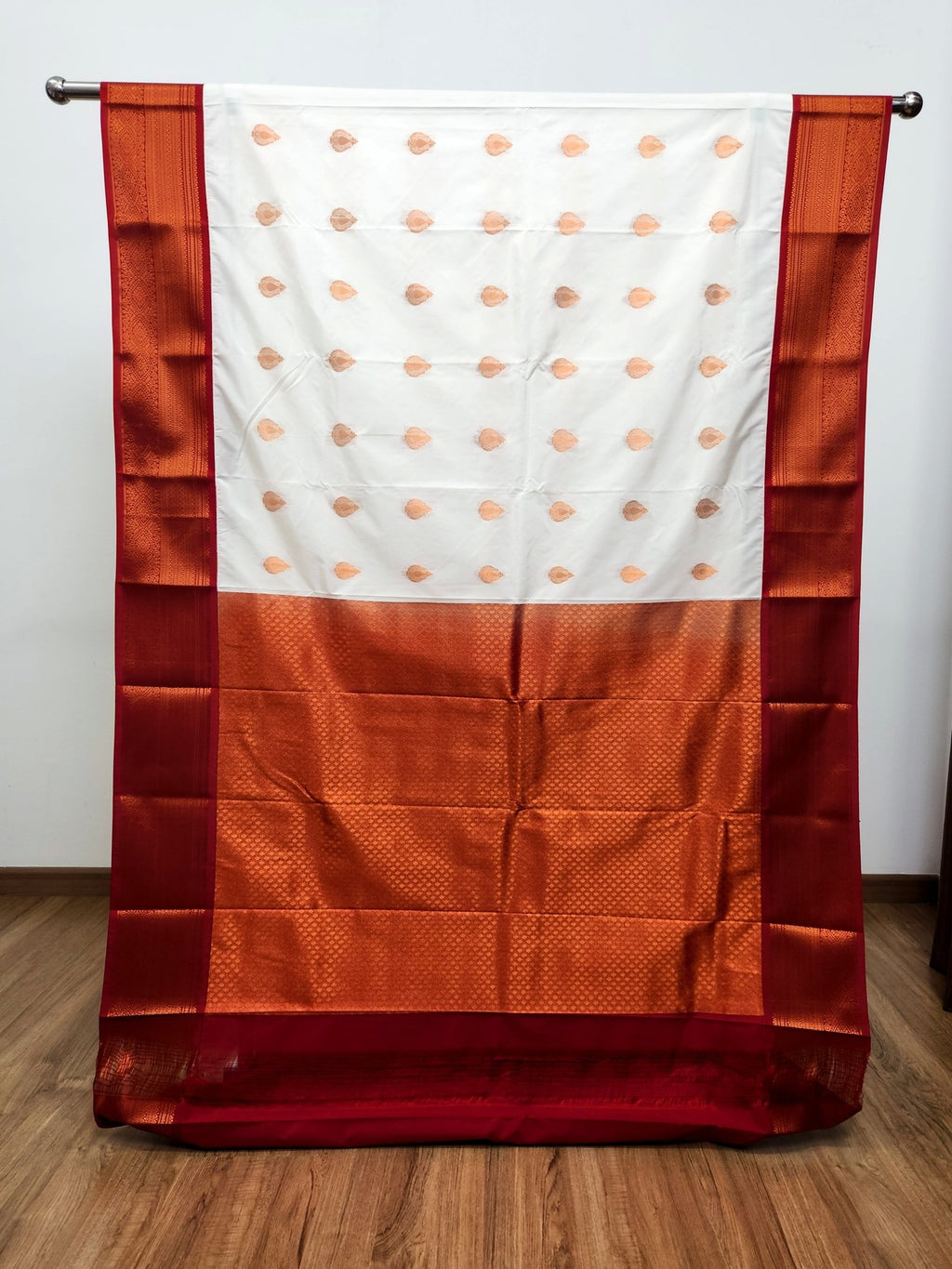 Pearl White Semi Kanchi Saree with Gold Zari & Red Pallu - Urban Weave Sarees