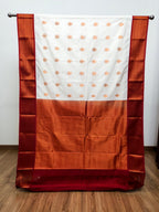 Pearl White Semi Kanchi Saree with Gold Zari & Red Pallu - Urban Weave Sarees