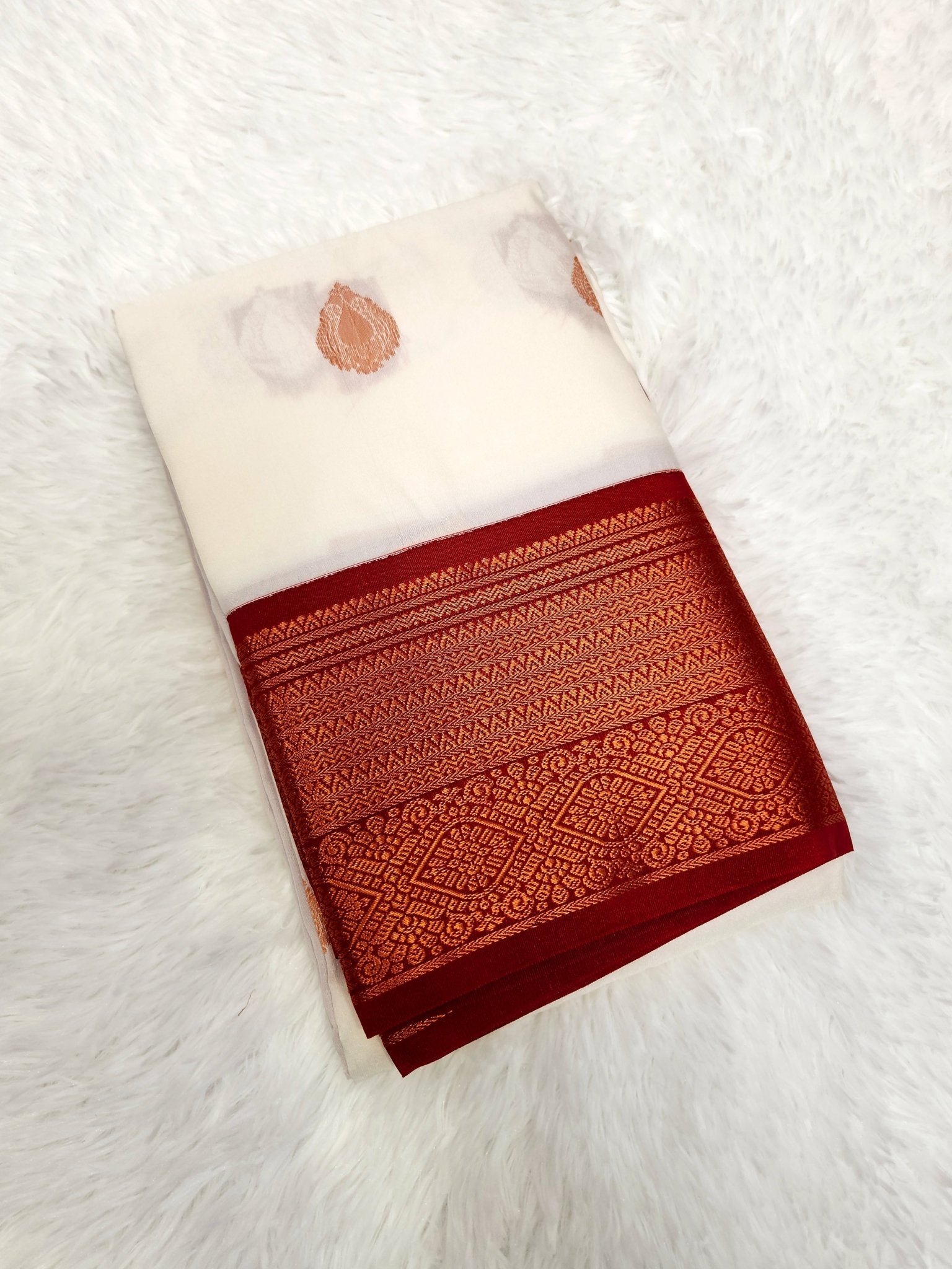 Pearl White Semi Kanchi Saree with Gold Zari & Red Pallu - Urban Weave Sarees