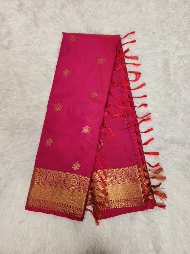 Pink Semi Kanchi Saree with Copper Zari & Small Butta Design - Urban Weave Sarees