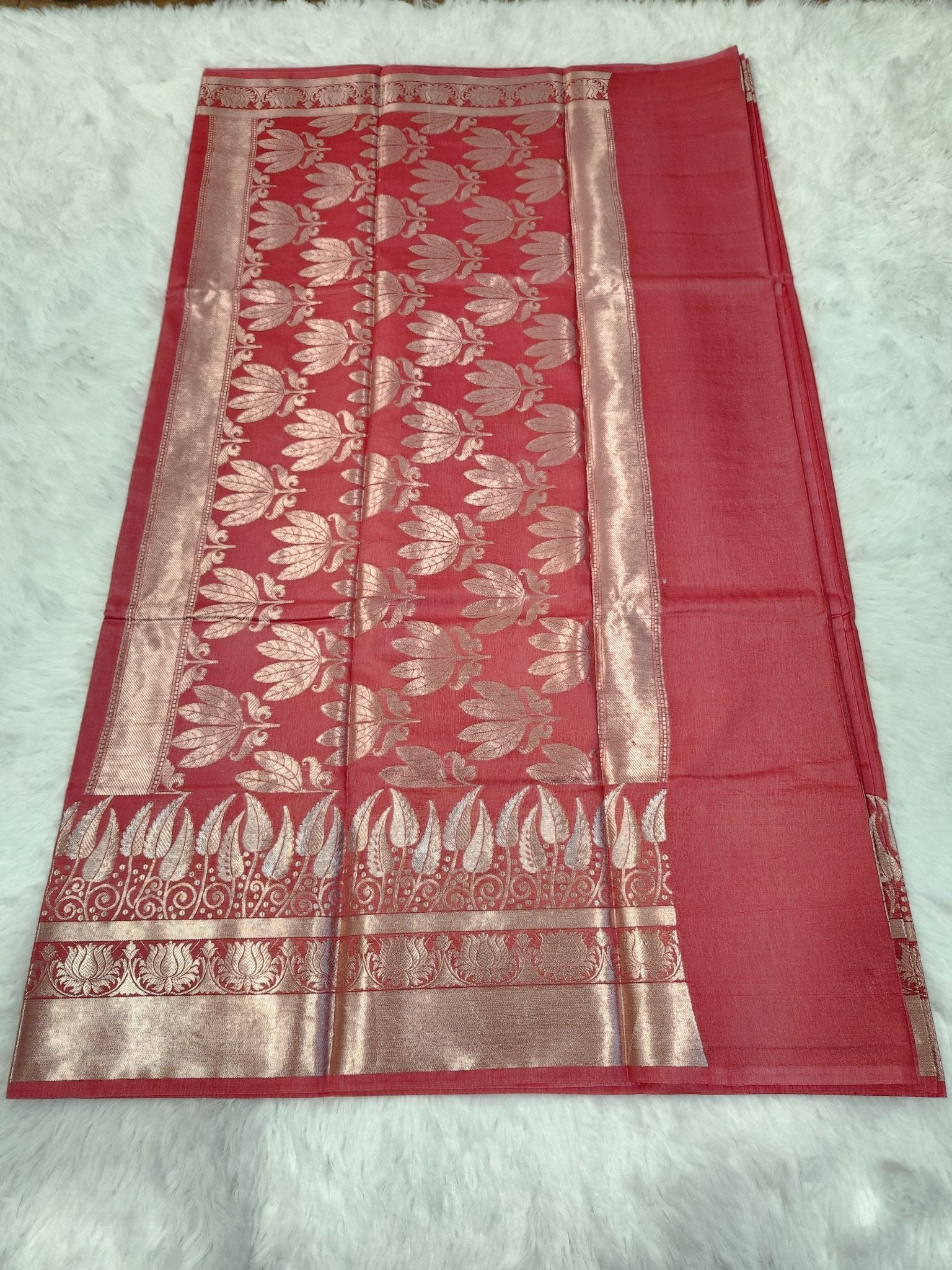 Pink Soft Silk Saree with Silver Zari & Lotus Flower Design - Urban Weave Sarees