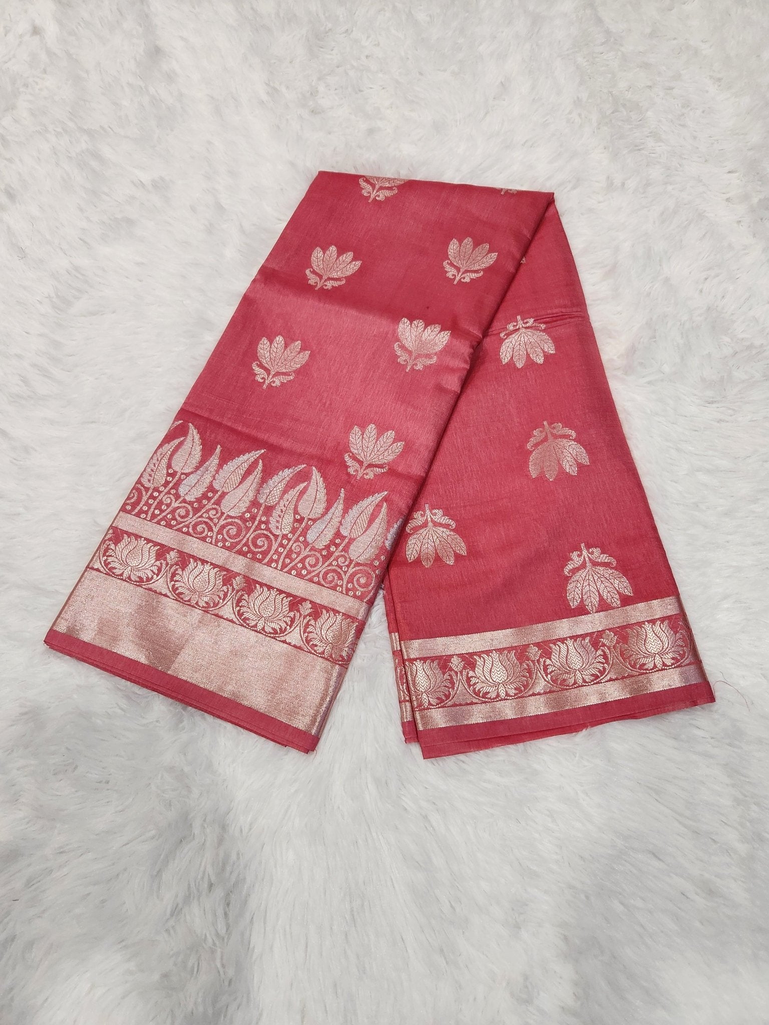 Pink Soft Silk Saree with Silver Zari & Lotus Flower Design - Urban Weave Sarees