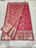 Pink Soft Silk Saree with Silver Zari & Lotus Flower Design - Urban Weave Sarees