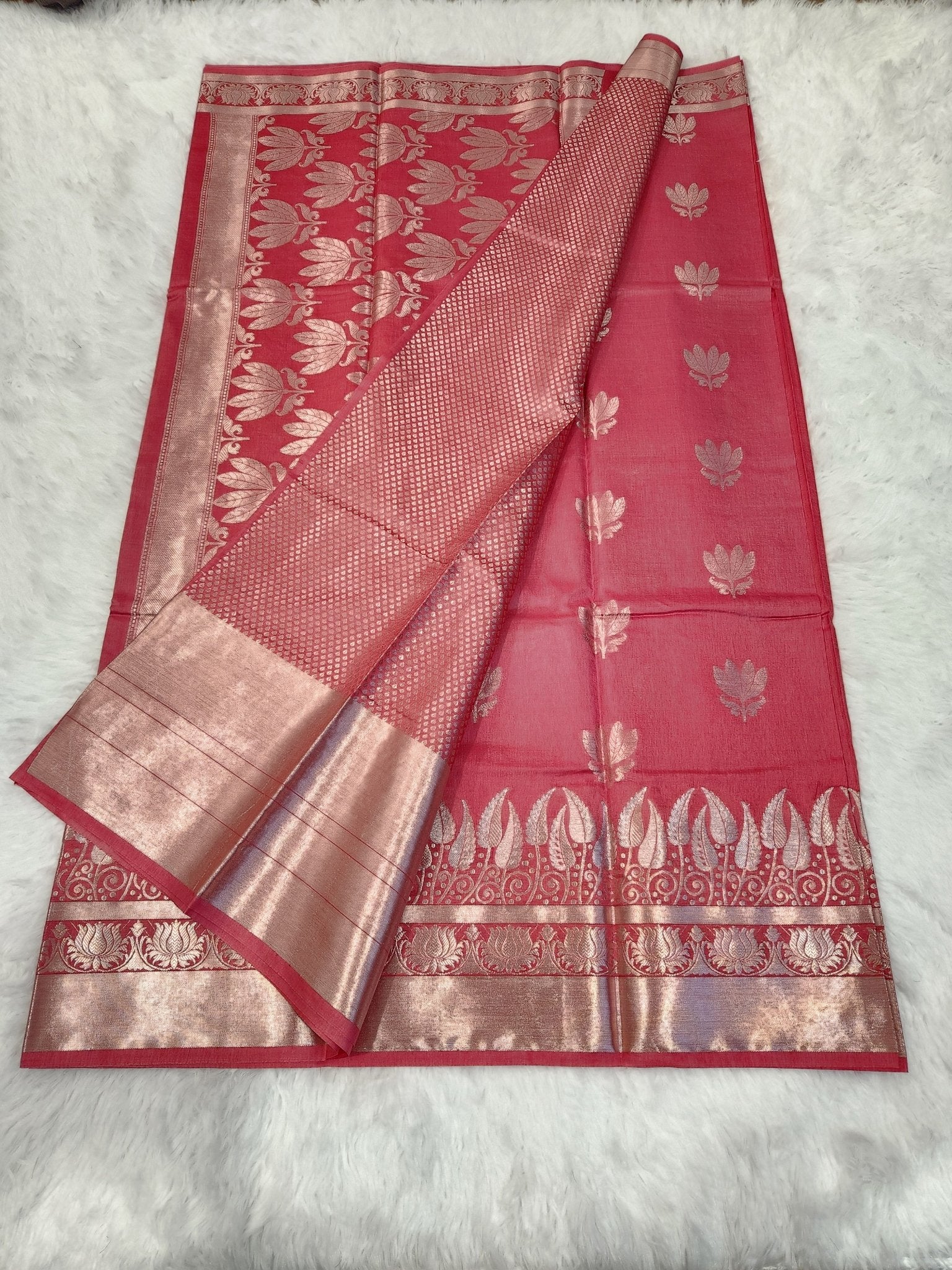 Pink Soft Silk Saree with Silver Zari & Lotus Flower Design - Urban Weave Sarees