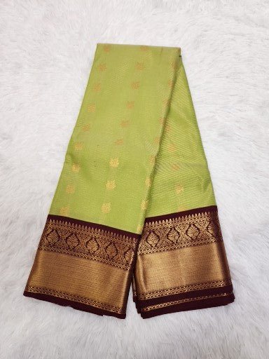 Pistachio Green Semi Kaanchi Saree with Gold Zari & Small Butta Design - Urban Weave Sarees