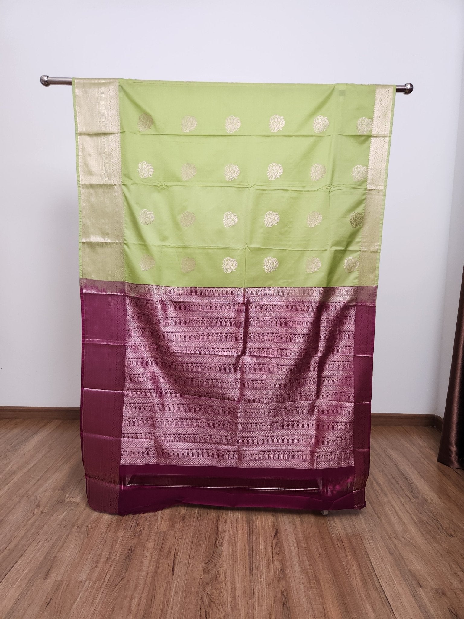 Pistachio Green Semi Kanchi Saree with Silver Zari & Purple Pallu - Urban Weave Sarees