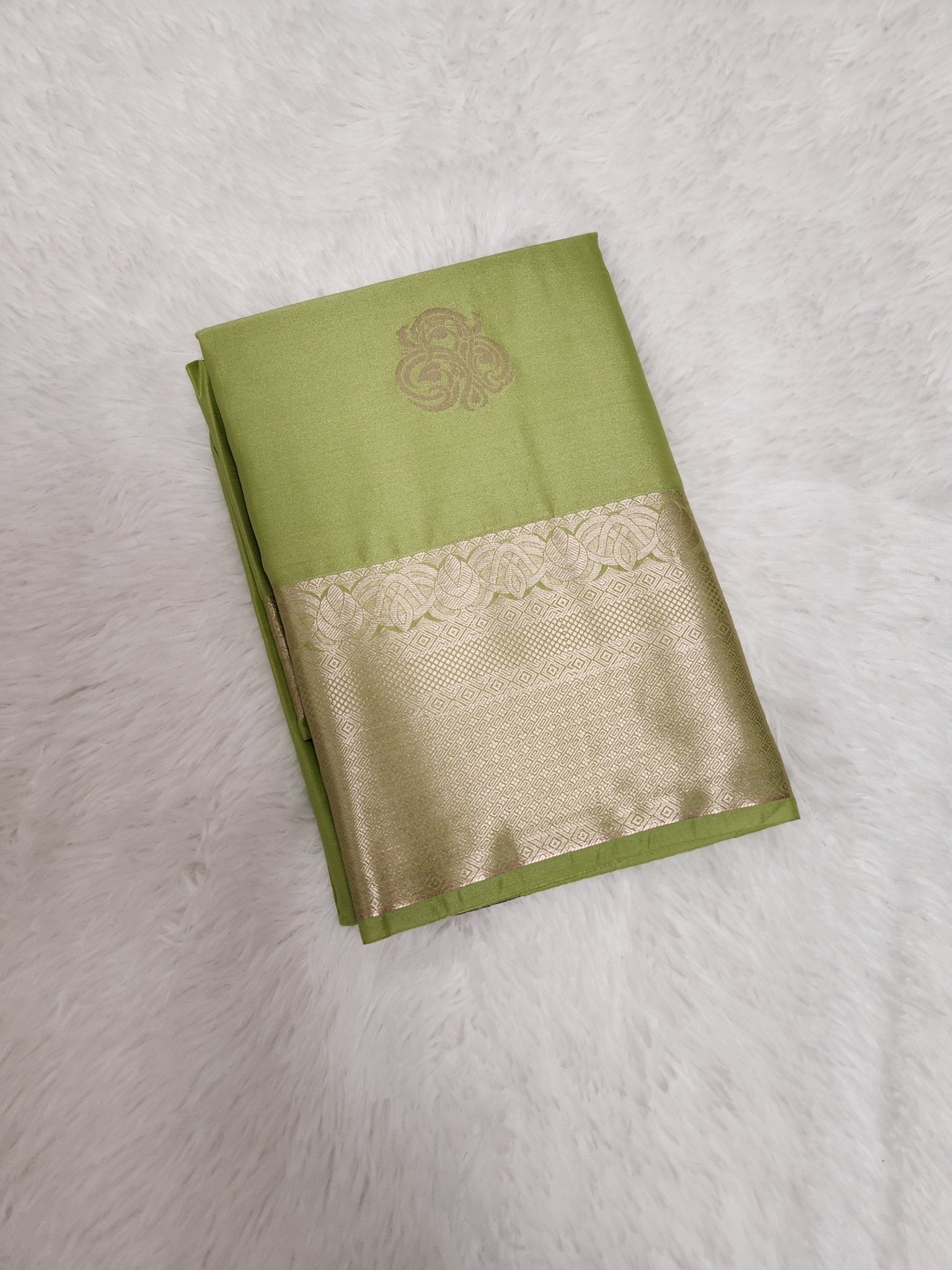 Pistachio Green Semi Kanchi Saree with Silver Zari & Purple Pallu - Urban Weave Sarees