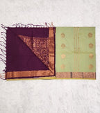 Pistachio Green Soft Silk Saree with Copper Zari & Purple Pallu Design - Urban Weave Sarees