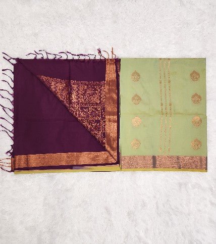 Pistachio Green Soft Silk Saree with Copper Zari & Purple Pallu Design - Urban Weave Sarees