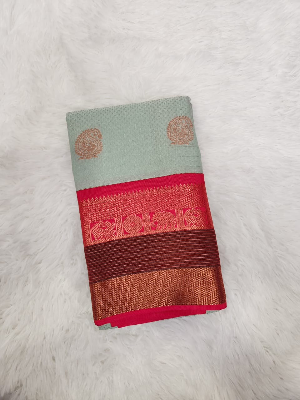 Powder Blue Semi Kanchi Saree with Copper Zari & Pink Pallu - Urban Weave Sarees