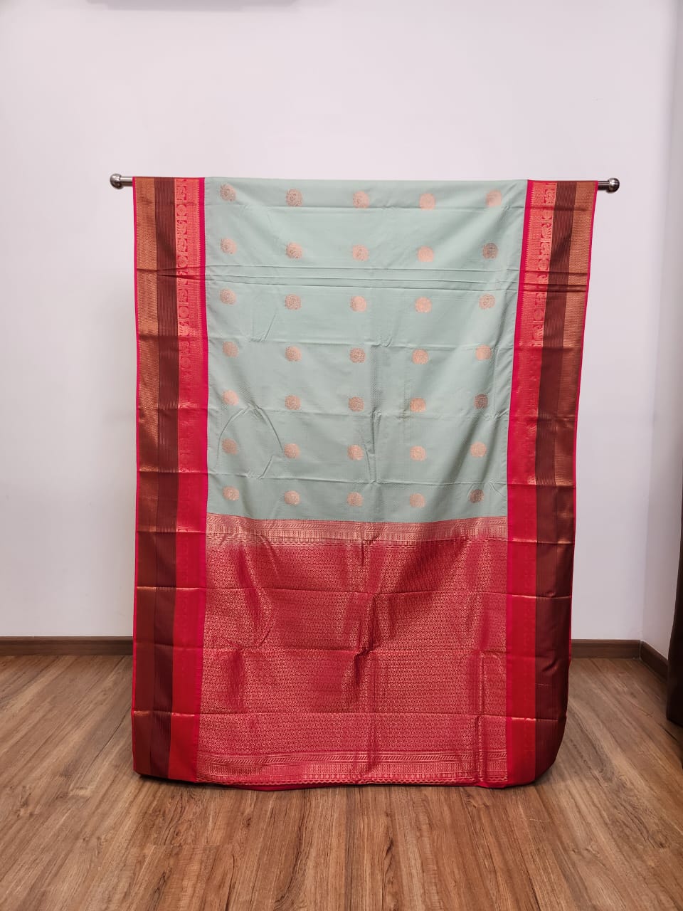 Powder Blue Semi Kanchi Saree with Copper Zari & Pink Pallu - Urban Weave Sarees