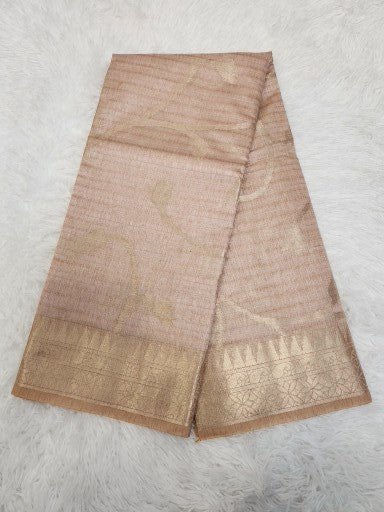 Powder Pink Cotton Tissue Saree with Gold Zari & Floral Design - Urban Weave Sarees