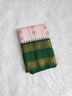 Powder Pink Semi Kanchi Saree with Gold Zari & Green Pallu - Urban Weave Sarees