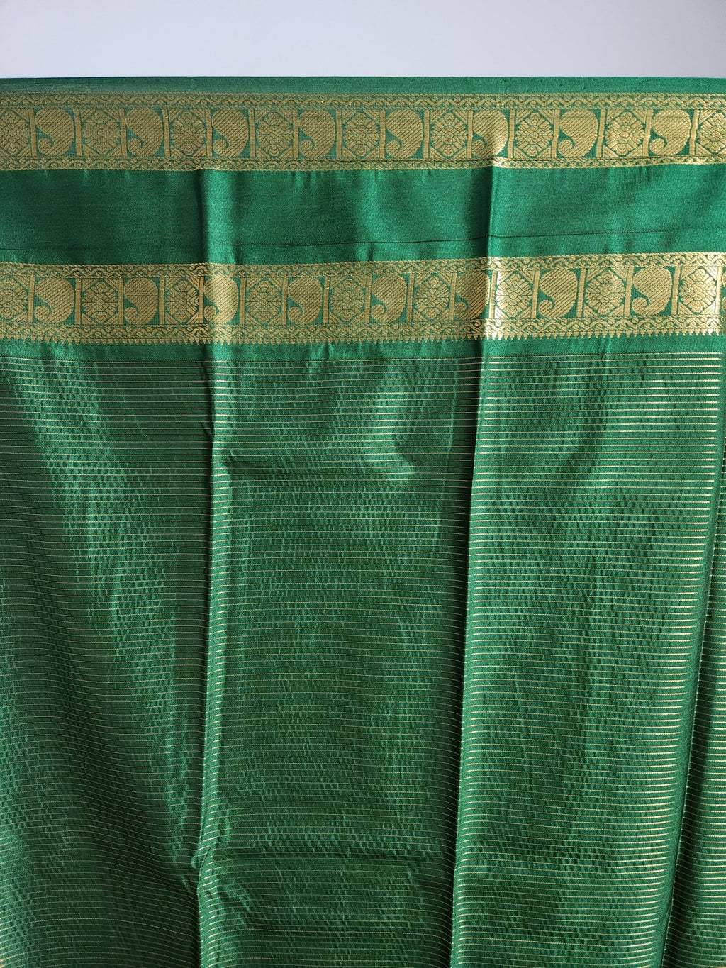 Powder Pink Semi Kanchi Saree with Gold Zari & Green Pallu - Urban Weave Sarees