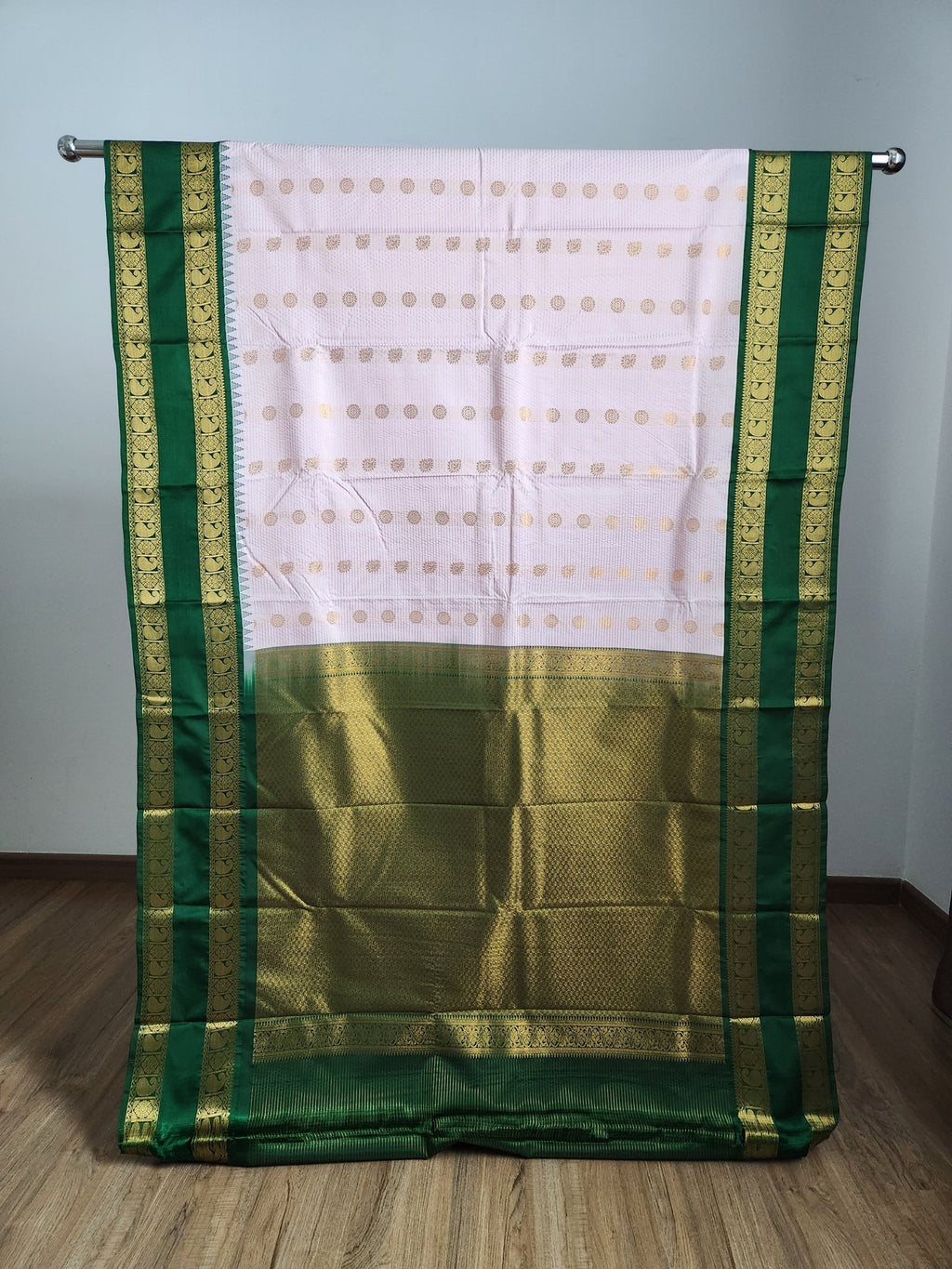 Powder Pink Semi Kanchi Saree with Gold Zari & Green Pallu - Urban Weave Sarees