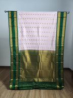 Powder Pink Semi Kanchi Saree with Gold Zari & Green Pallu - Urban Weave Sarees