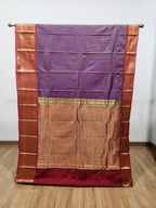 Purple Semi Kanchi Saree with Gold Zari Checks & Maroon Pallu - Urban Weave Sarees