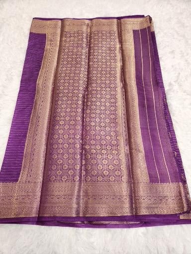 Purple Soft Silk Saree with Copper Zari & Horizontal Lines with Jacquard Blouse - Urban Weave Sarees