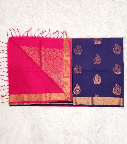 Purple Soft Silk Saree with Copper Zari & Red Pallu Design - Urban Weave Sarees