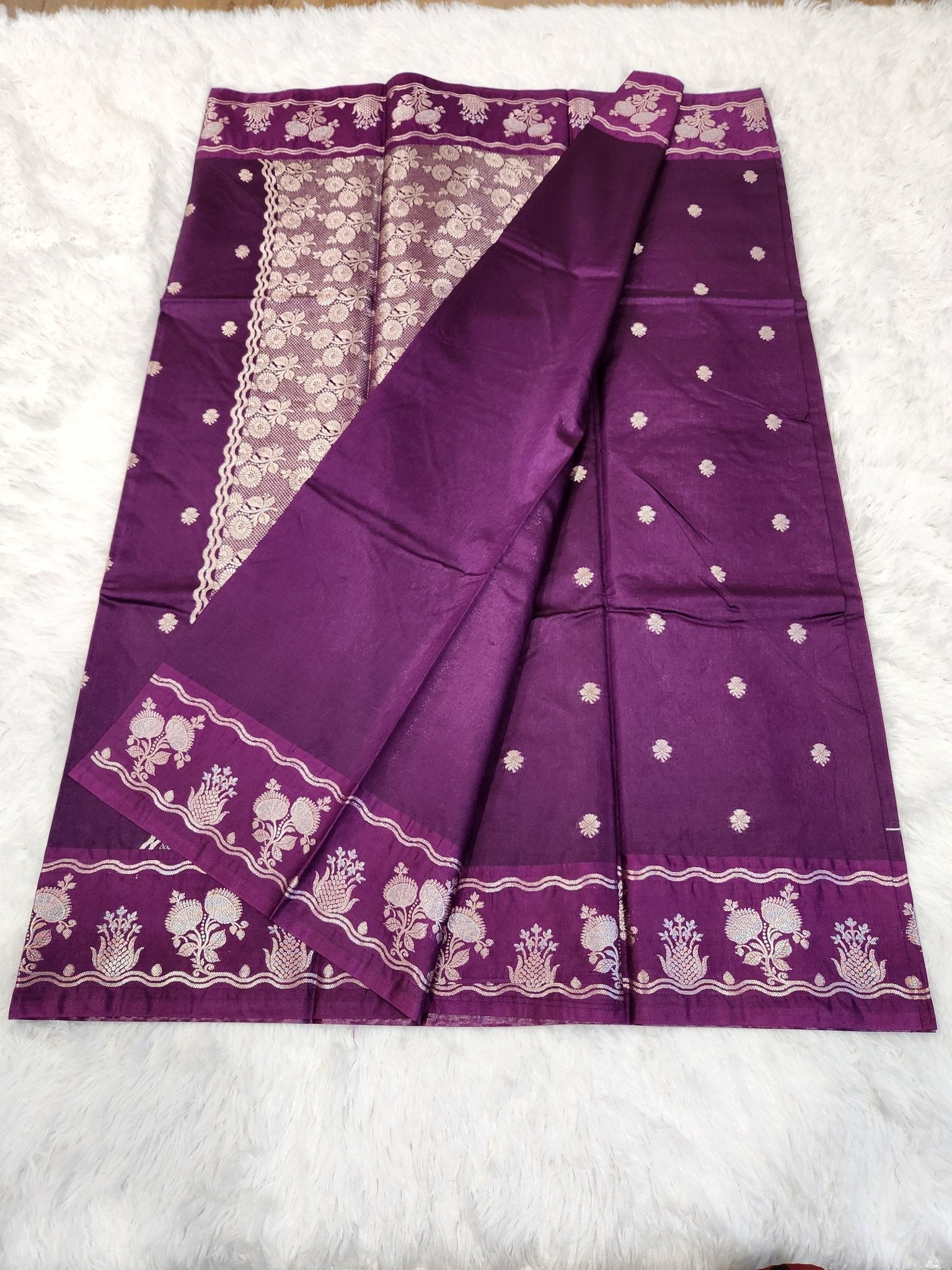 Purple Soft Silk Saree with Copper Zari & Small Butta Design - Urban Weave Sarees
