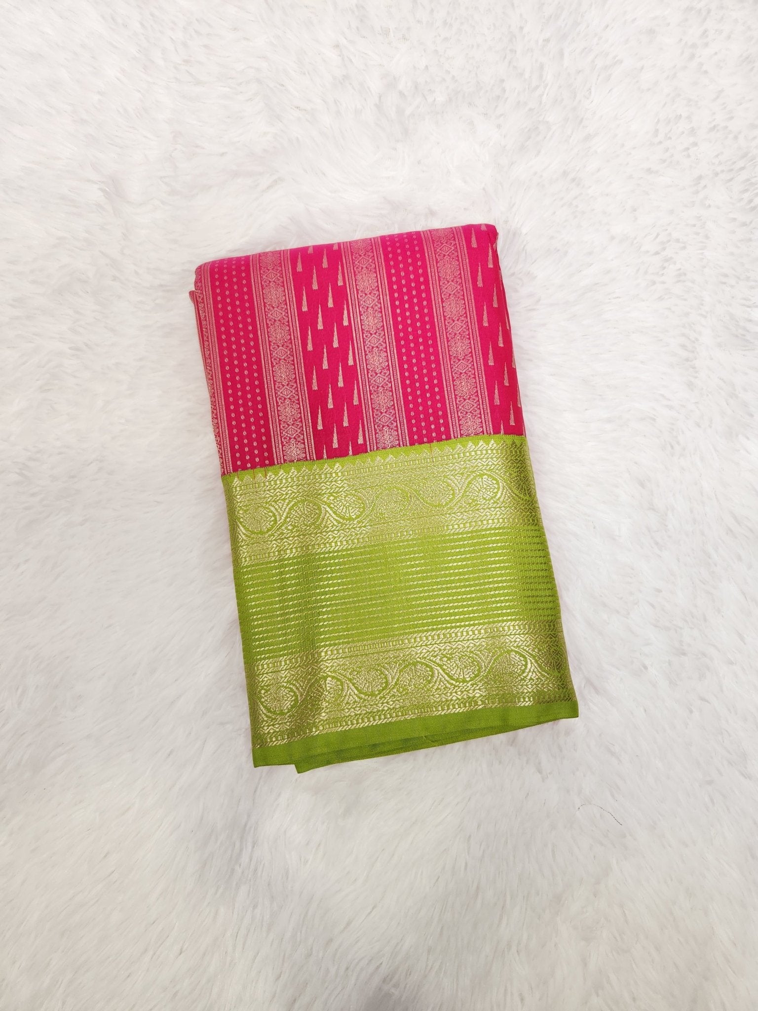 Raani Pink Semi Kaanchi Saree with Copper Zari & Parrot Green Pallu Design - Urban Weave Sarees