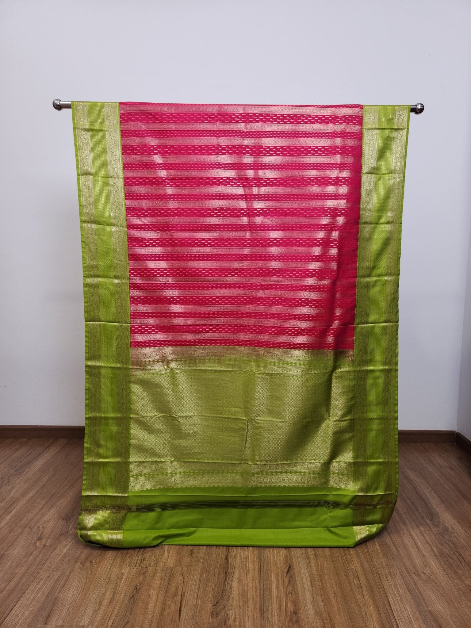 Raani Pink Semi Kaanchi Saree with Copper Zari & Parrot Green Pallu Design - Urban Weave Sarees