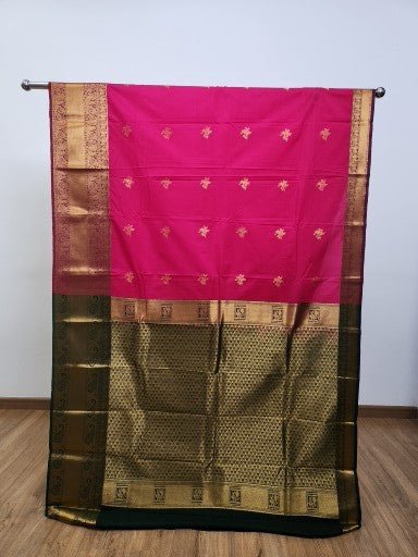Raani Pink Semi Kaanchi Saree with Copper Zari & Small Butta Design - Urban Weave Sarees