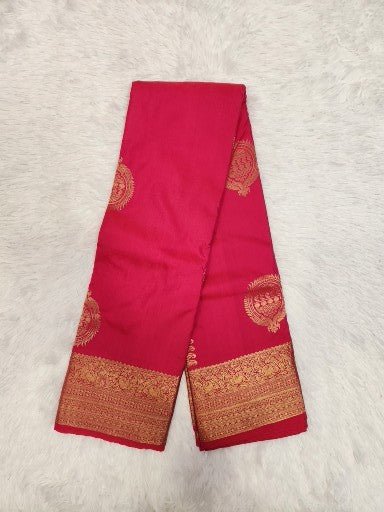 Raani Pink Semi Kaanchi Saree with Gold Zari & Small Butta Design - Urban Weave Sarees