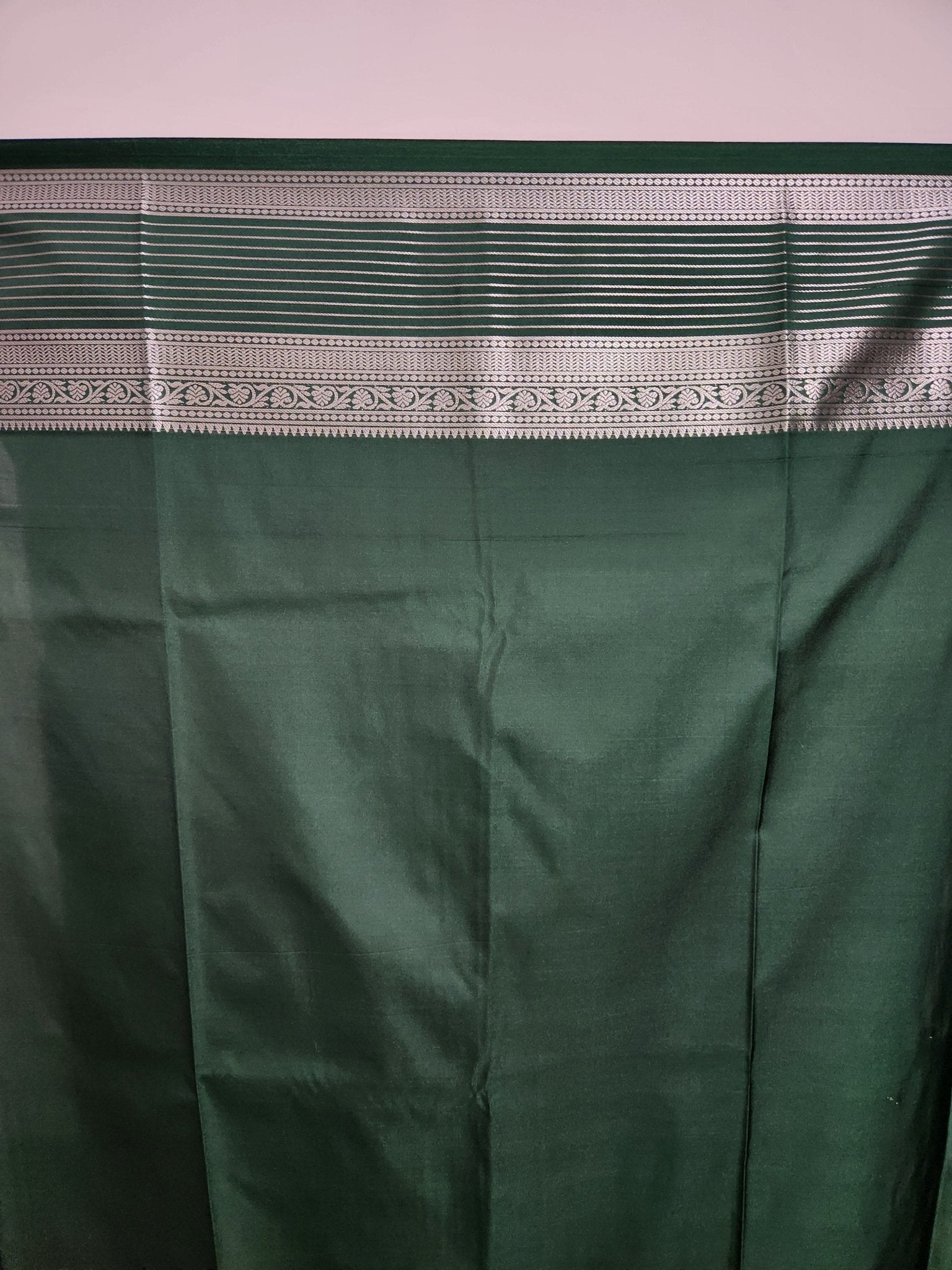 Raani Pink Semi Kanchi Saree with Silver Zari & Dark Green Pallu - Urban Weave Sarees
