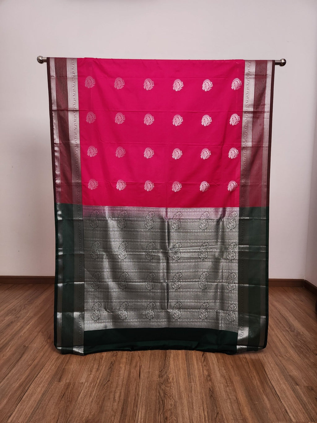 Raani Pink Semi Kanchi Saree with Silver Zari & Dark Green Pallu - Urban Weave Sarees