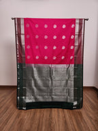 Raani Pink Semi Kanchi Saree with Silver Zari & Dark Green Pallu - Urban Weave Sarees