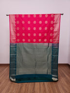 Rani Pink Semi Kanchi Saree with Copper Zari & Dark Green Pallu - Urban Weave Sarees